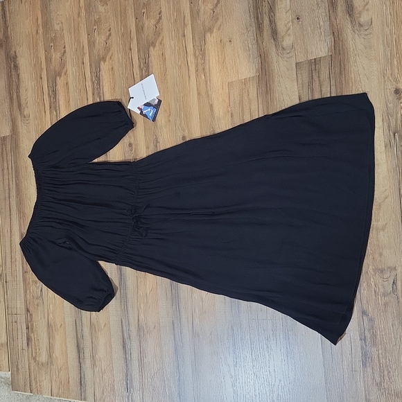 WHO WHAT WEAR Black Bardot Boho Rayon Drawstring Waist Side Slit Long Midi Dress - Picture 5 of 13